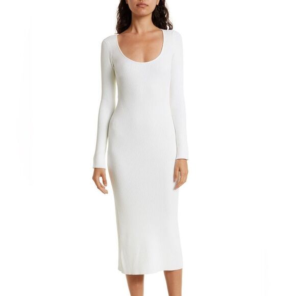 NWT GANNI Ribbed Mélange Knit Long Sleeve Midi Dress White size L - Picture 1 of 8